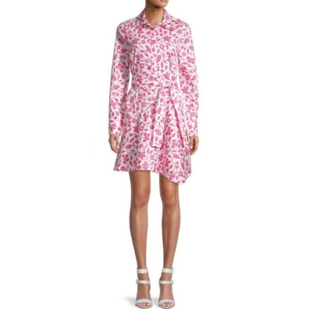 Derek Lam 10 Crosby Flora Multi Print Poplin Asymmetrical Shirt Dress Size 8